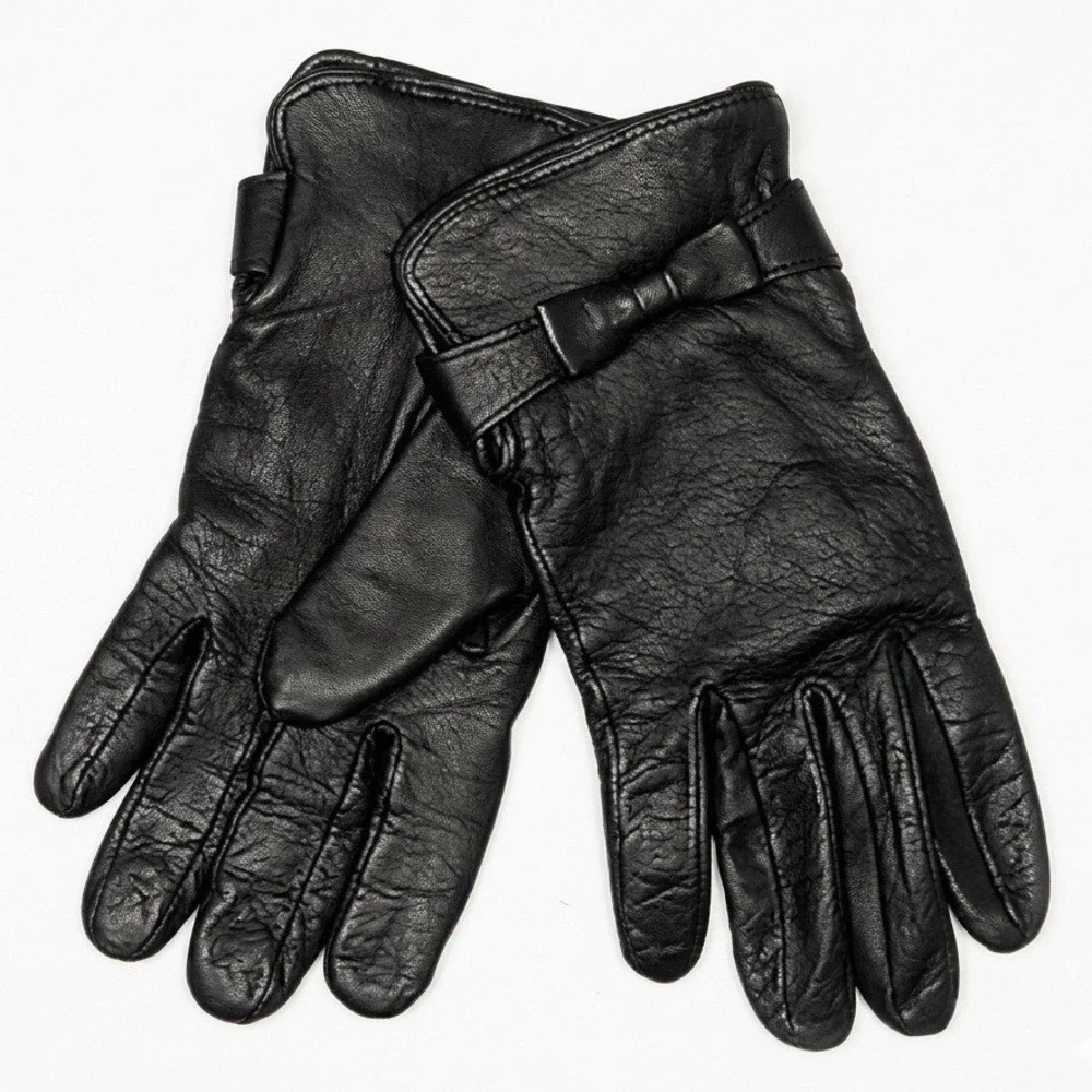 Nordstrom's Black Leather Bow‎ Accent Gloves Medium Knit Lined Cold Weather